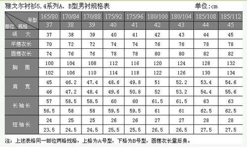 生活衣服型号对照表的尺码表  1