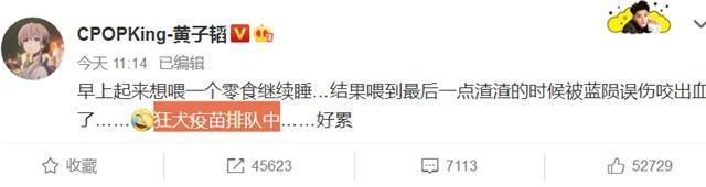 黄子韬养爱犬养得心力交瘁 被狗狗咬出血了，去排队打疫苗！