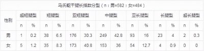 ​男女马氏躯干腿长指数（腿身比）分布情况