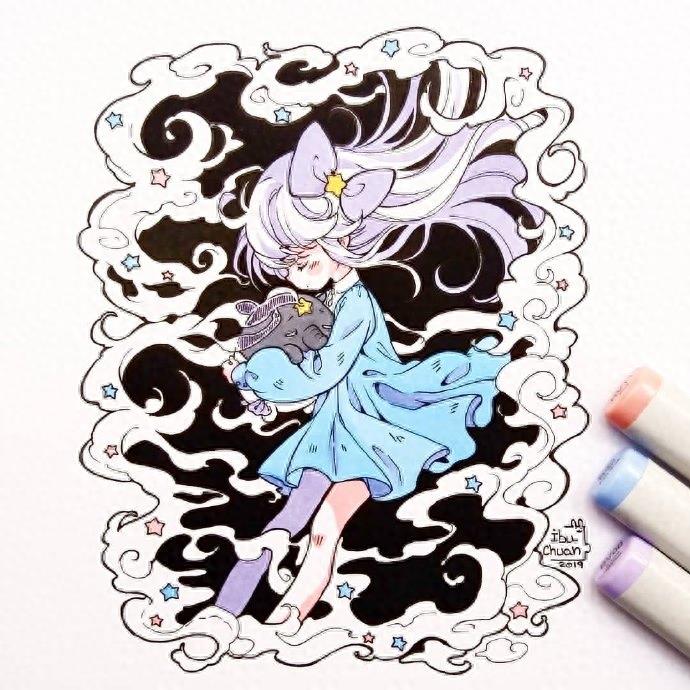 超好看的一组马克笔卡通少女手绘，个个都是大眼萌，实在太可爱