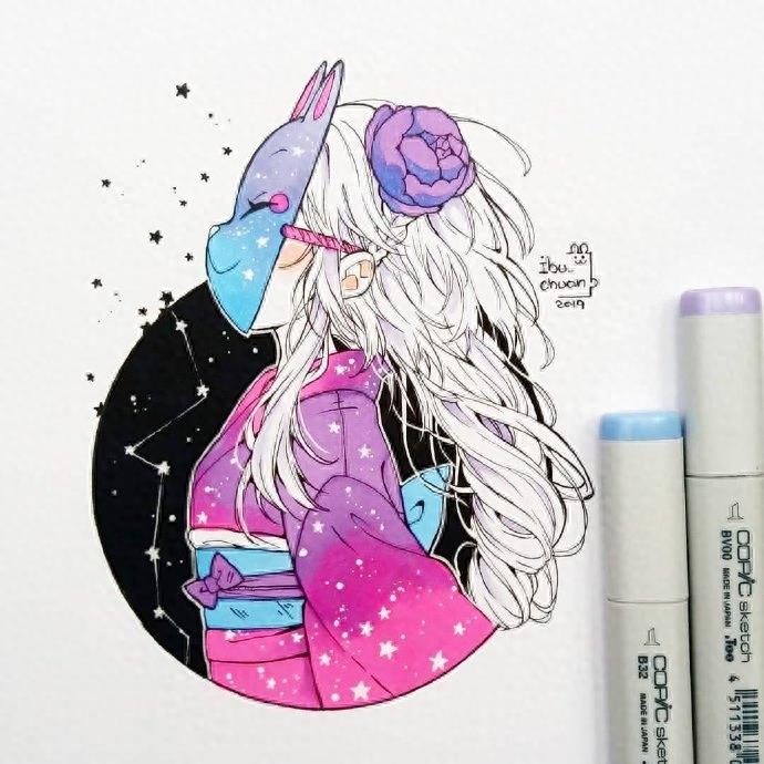 超好看的一组马克笔卡通少女手绘，个个都是大眼萌，实在太可爱