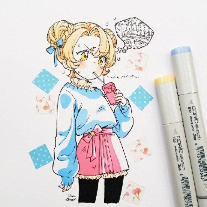超好看的一组马克笔卡通少女手绘，个个都是大眼萌，实在太可爱